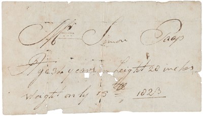 Lot 372 - Paap (Simon, 1789-1828), Dutch actor and well-known dwarf. Manuscript statistical slip, 1823