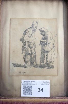 Lot 34 - Rembrandt (Harmensz. van Rijn, 1606-1669). Beggar Man and Woman Conversing, 1630