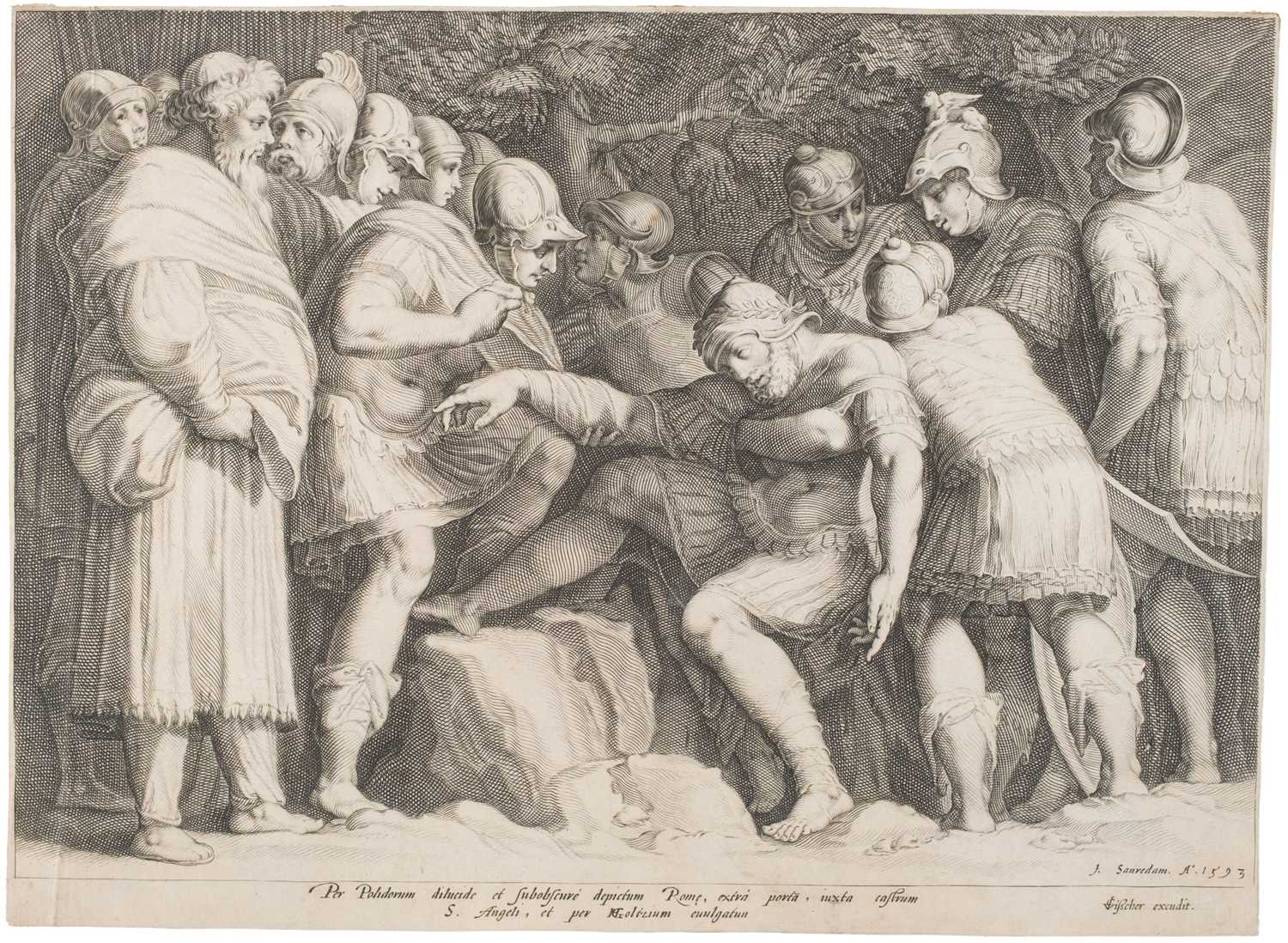 Lot 27 - Saenredam (Jan, c. 1565-1607). Scipio wounded in Battle, after Goltzius, 1593, plus two others
