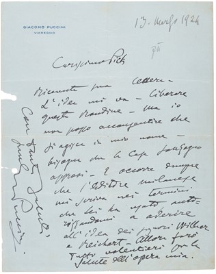 Lot 335 - Puccini (Giacomo, 1858-1924). Autograph Letter Signed, Viareggio, 13 March 1924