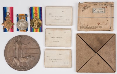 Lot 678 - WWI Medals. Three: Private A.V. Cavill, Gloucestershire Regiment, Killed in Action