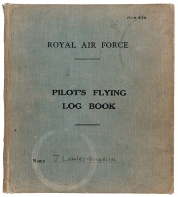 Lot 59 - RAF logbook. A WWII RAF logbook kept by Flying Officer J. Lawley-Wakelin, 746 and 605 Squadron