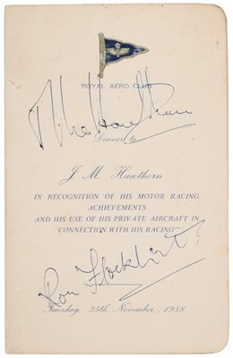 Lot 36 - Hawthorn (Mike, 1929-1959) & Flockhart (Ron, 1923-1962). Royal Aero Club, Dinner to J.M. Hawthorn