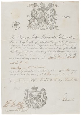 Lot 384 - Victorian passport. A partly-printed passport, 26 December 1851, signed by Lord Palmerston