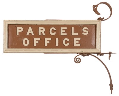 Lot 372 - Railwayana. A Victorian or Edwardian wooden double-sided platform sign, 'Parcels Office'