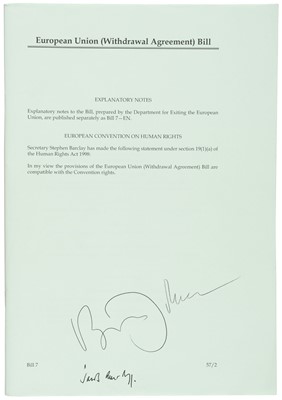 Lot 366 - Johnson (Boris). Signed Copy of the European Union (Withdrawal Agreement) Bill, October 2019