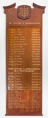 Lot 212 - Honour board. RAF honour board for Air Officers in Charge of Administration (A.O.A.) circa 1937