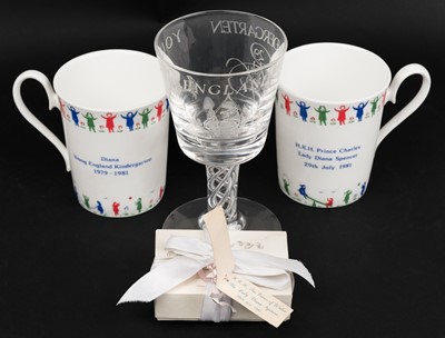 Lot 350 - Charles & Diana Wedding Cake. A presentation piece of wedding cake, 29 July 1981 + 3 related items