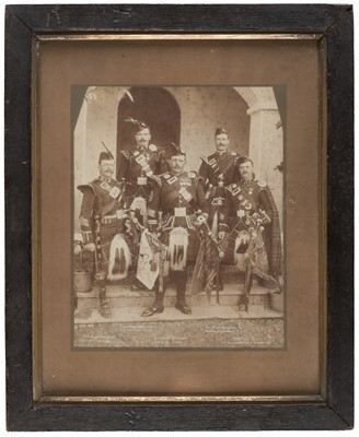 Lot 87 - Military Pipers. Photograph showing five Scottish Military figures from different regiments, circa 1900