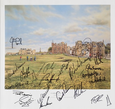 Lot 312 - Golfing Autographs. St Andrews – Home of Golf, 1973, colour print with 21 Open Champion autographs