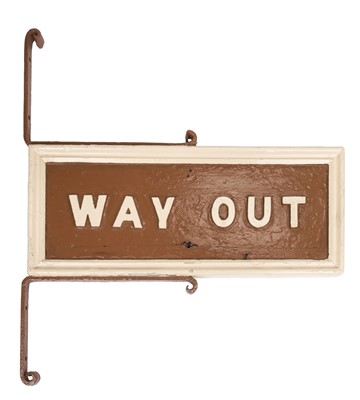 Lot 374 - Railwayana. A Victorian or Edwardian wooden double-sided platform sign, 'Way Out'