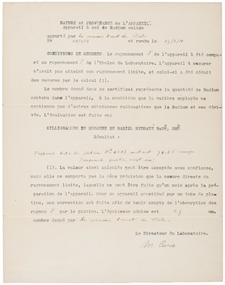 Lot 277 - Curie (Marie, 1867-1934). Part-printed Document Signed, ‘M. Curie’, 22 June 1914