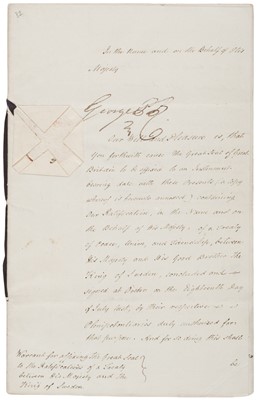 Lot 309 - George IV (1762-1830), King of Great Britain and Ireland, 1820-1830. Document Signed, 4 August 1812