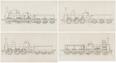 Lot 367 - Railwayana. A set of six pen and ink technical drawings of historical steam locomotives by L Ward