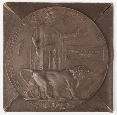 Lot 660 - WWI bronze memorial plaque - Sub-Lieutenant T.S. Collins, Hood Battalion, Royal Naval Division