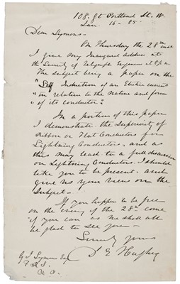 Lot 317 - Hughes (David Edward, 1830-1900). Autograph Letter Signed, 16 January 1885
