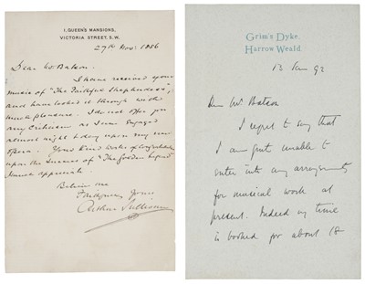Lot 339 - Sullivan (Arthur, 1842-1900) & Gilbert (Sir William Schwenck, 1836-1911). Autograph Letters Signed