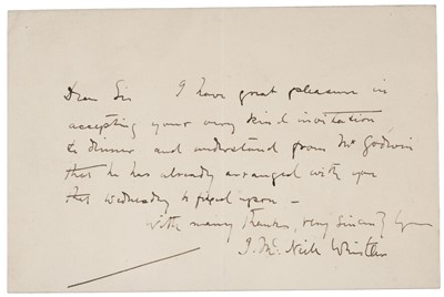 Lot 349 - Whistler (James Abbott McNeill, 1834-1903). Autograph Letter Signed, ‘J. McNeill Whistler’, n.d.