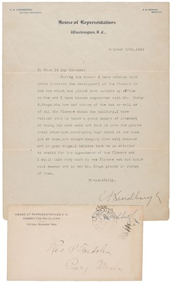 Lot 321 - Lindbergh (Charles Augustus, 1859-1924), United States Congressman, father of aviator, 1914