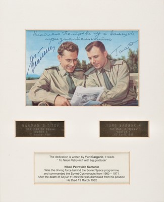 Lot 284 - Gagarin (Yuri, 1934-1968) & and Titov (Gherman, 1935-2000). Postcard Signed, c. 1961
