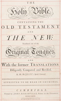 Lot 246 - Bible [English]. The Holy Bible, containing the Old Testament and the New..., John Baskerville, 1763