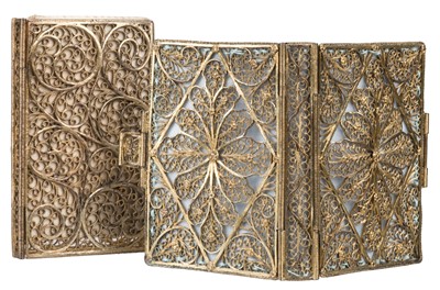 Lot 391 - Silver Filigree Bindings. A 19th century silver gilt filigree almanack book case